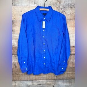 Talbots NWT Blue Long Sleeve Button Down 100% Linen Shirt Large Petite MSRP 69.5